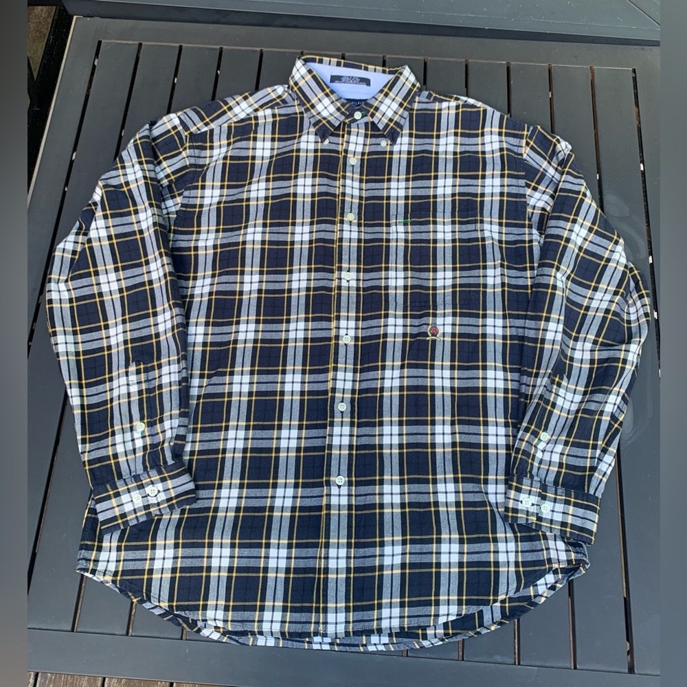 Tommy Hilfiger Button Down Plaid Shirt Navy Yellow White Embroidered Crest Large